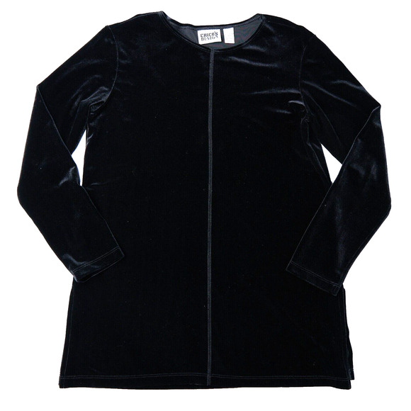 Chico’s Women’s Size 0 XS Black Velvet Stretch Top Round Neck Long Sleeve Slit - Picture 1 of 6
